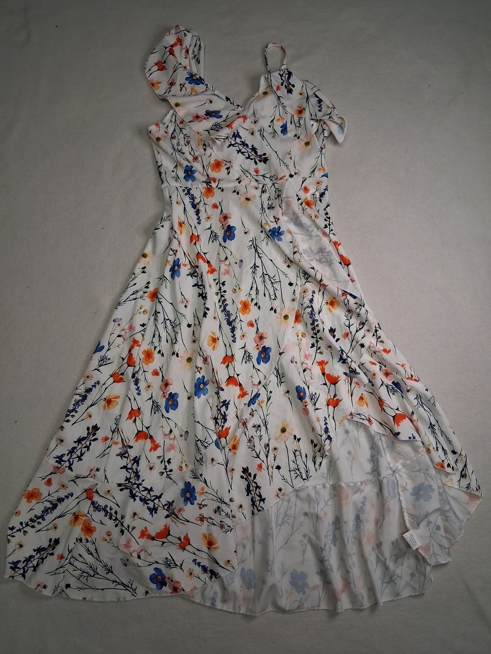 White Floral One-Shoulder Dress with Blue & Orange Print